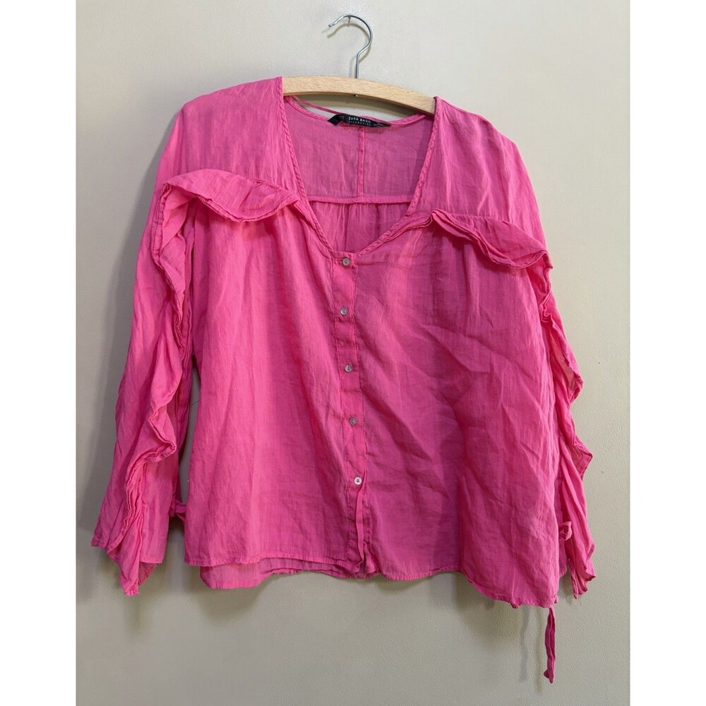 Zara Cotton Ramie Pink Ruffled Semi-Sheer Oversized Ruffle Blouse Size XS Boho - Picture 2 of 10